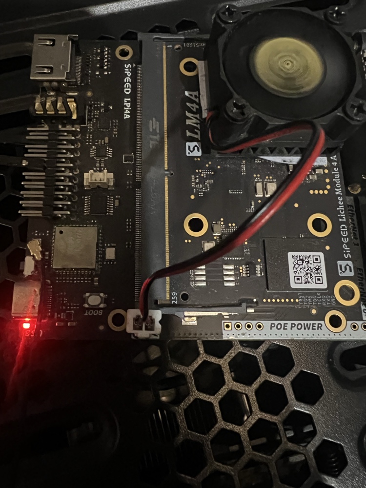 A photo of the LPi4A fan, spinning and controlled by the new Rust driver.